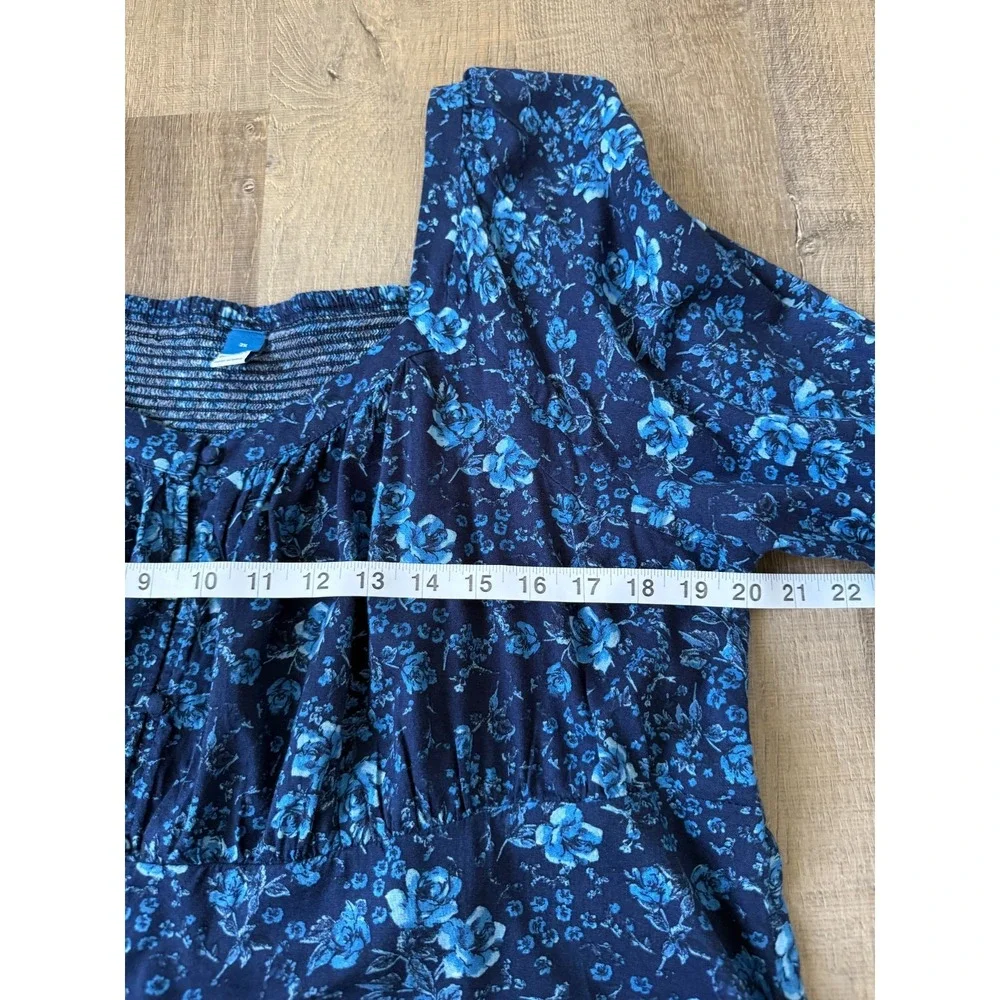 Old Navy Blue Floral Peasant Top 2X Square Neck Smocked Back Cotton Rayon Blouse